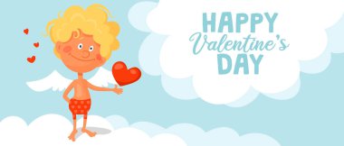 Şirin, komik bir kupa bulutun üzerinde duruyor ve elinde bir kalp tutuyor. Sevgililer günün kutlu olsun. Çizgi film vektör afişi veya kartı.