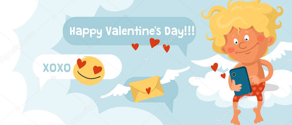 Cute funny cupid in red panties is sitting on a cloud and typing messages on the smartphone. Vector greeting card or banner for valentine's day