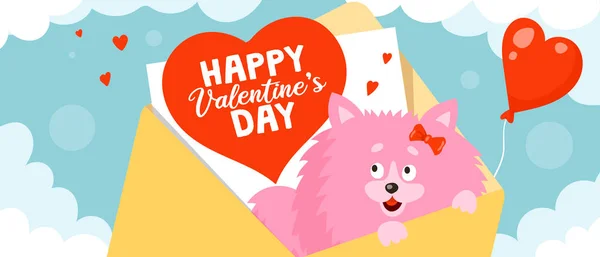 Little Cute Pink Spitz Dog Sits Envelope Valentine Postcard Cartoon — Stock Vector