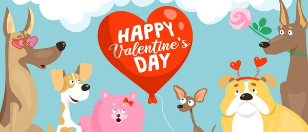 Lindos Perros Diferentes Razas Divertidos Disfraces San Valentín Fondo Gran — Vector de stock