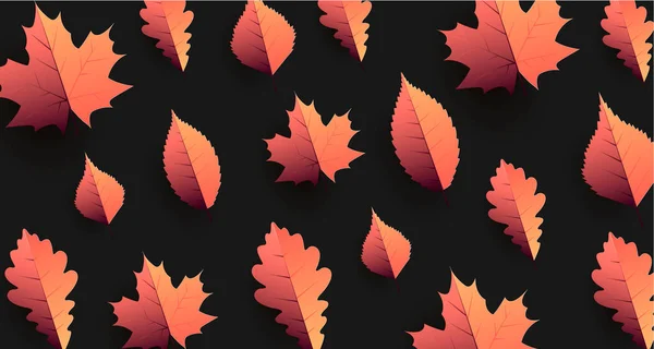 Outono sazonal fundo com folhas de outono colocar no fundo escuro, papel corte origami ilustração —  Vetores de Stock