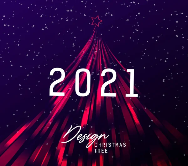 Feliz ano novo 2021 cartão ou banner com árvore de natal estilizada na cor festiva vermelha feita de luzes sparklung se movendo em alta velocidade —  Vetores de Stock