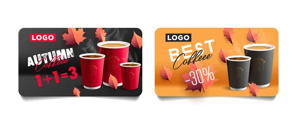 Conjunto de tarjetas de descuento promocional con ilustraciones de hojas de otoño y tazas de papel de café, oferta de descuento o 1 más uno es igual a 3, plantilla de cupón — Vector de stock