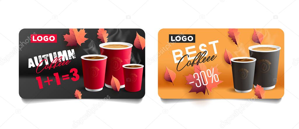 Set of promo discount cards with autumn leaves illustrations and coffe paper cups, offer of discount or 1 plus one equals 3, voucher template