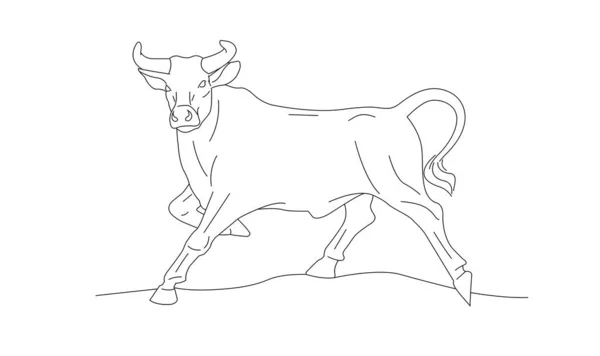 Линейная иллюстрация быка в красивой позе, рисованный вручную графический эскиз, год черной линии быка — стоковый вектор