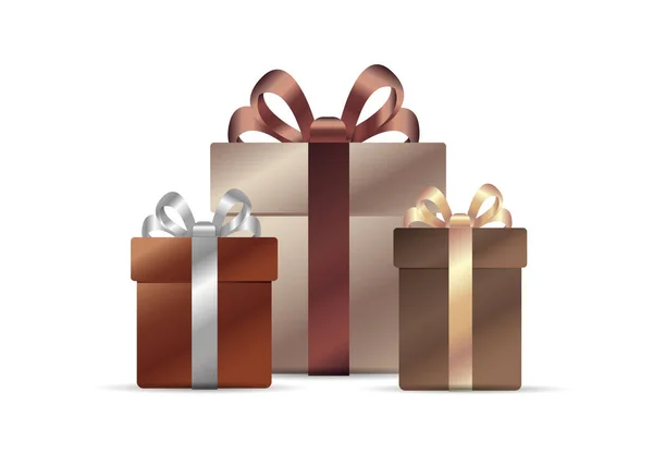 Pile de coffrets cadeaux réalistes en bronze et or couleurs premium avec arc et ruban, illustration vectorielle, cadeaux exclusifs de luxe — Image vectorielle