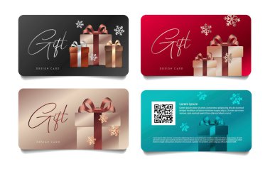 Kartaneli parlak metal kağıda sarılı gerçekçi hediye kutusu çizimleri olan hediye çeki seti, kış indirimi, izole edilmiş.