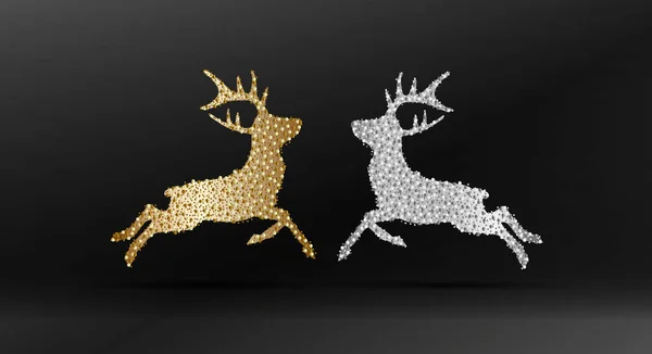 Julen Ren Illustration Två Symmetriska Silhuetter Blanka Glitter Partiklar Guld — Stock vektor