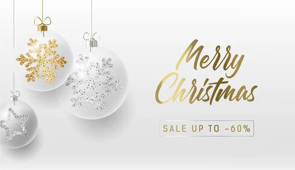 Рождественские Открытки Рекламный Плакат Белыми Реалистичными Рождественскими Шарами Золотыми Серебряными Лицензионные Стоковые Иллюстрации