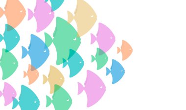 Beyaz arka planda küçük renkli balıklar. Çocuksu renkli pastel desen, ok şekli düz grafik biçimi