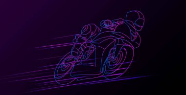 Sürücünün yüksek hızda ilerlediği spor motosikletinin çizgisel çizimi neon ışıkları arkasında iz bırakır, çizgi grafikli koyu arkaplan