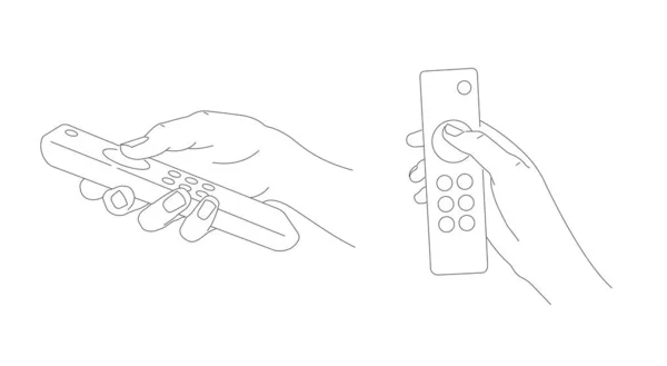 Ilustrasi baris dari tangan manusia memegang remote control dan menekan tombol, sketsa grafis, posisi yang berbeda, isyarat tangan - Stok Vektor