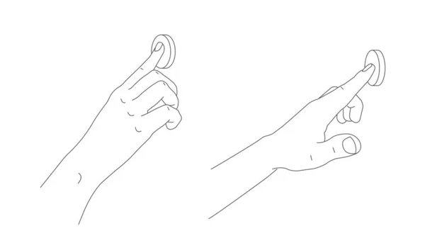 Ilustración del dedo índice humano presionando el botón redondo, gráfico dibujado a mano de línea, dos posiciones de ambos lados del brazo, ilustración lineal aislada — Vector de stock