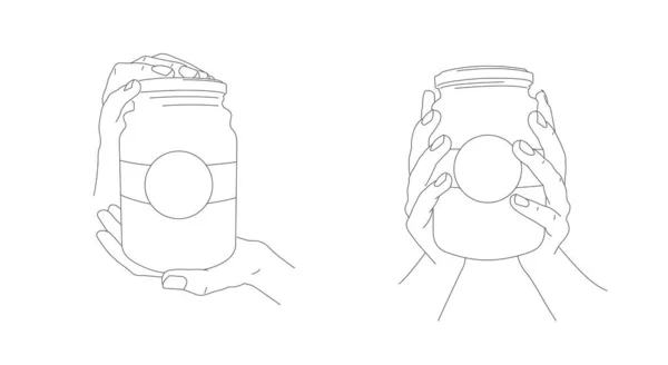 Mano sosteniendo frasco de comida con mermelada, botella de vidrio con etiqueta, dos posiciones de manos, presentación y dar, ilustración de línea — Vector de stock