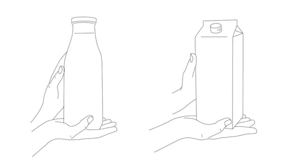 Vector illustration linear, hand holding bottle of milk, hand hold tetrapack of milk or juice, hand drawn line sketch, advertising presentation — Διανυσματικό Αρχείο