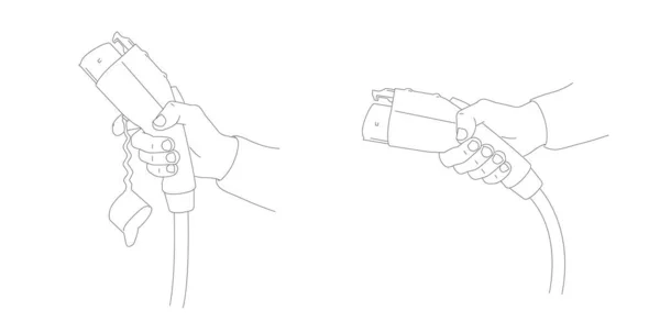 Ilustrasi Linear dari tangan menahan pengisian untuk mobil listrik. Dua posisi tangan, charger baris dengan kawat, grafik garis realistis, charger mobil elektro - Stok Vektor