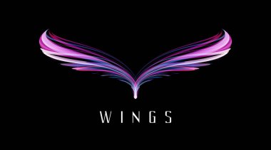 Soyut simetri kuş kanatları, parlayan neon ışıklar fantezi kuş şekli, puple modern grafik element