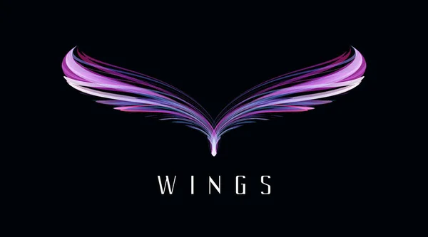 Abstract symmetry bird wings, glowing neon lights forming fantasy bird shape, puple modern graphic element — Stock Vector