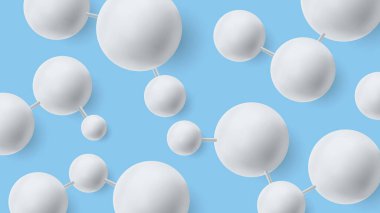 Stringlere bağlı beyaz dairesel 3d molekülleri ile soyut mavi arkaplan, biyoloji tıp sağlık afişi