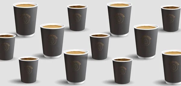 带有拿铁或卡布奇诺咖啡和小浓缩咖啡杯的现实的3D纸杯模式 — 图库矢量图片