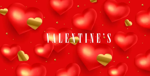 Happy Valentines Day Salam poster atau spanduk dengan 3d hati merah dan emas confetti hati - Stok Vektor