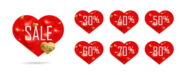 Bevásárlócédulák vagy kedvezményes címkék készlete Valentin napra százalékos árengedményekkel, piros szív alakú matricákkal — Stock Vector