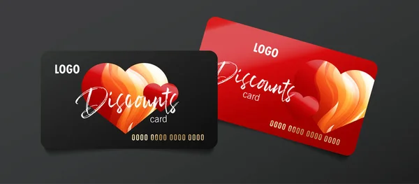 Set kartu diskon atau kartu kredit bank untuk acara khusus seperti untuk hari Valentine, dengan 3d hati merah - Stok Vektor