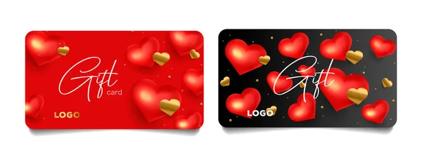 Set sertifikat hadiah atau voucher untuk Hari Kasih Sayang salam, kartu dengan 3d hati merah dan emas confetti - Stok Vektor