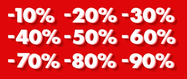 Conjunto de cifras porcentuales de descuento, dígitos blancos 3d sobre fondo rojo, colección para publicidad o promoción — Archivo Imágenes Vectoriales