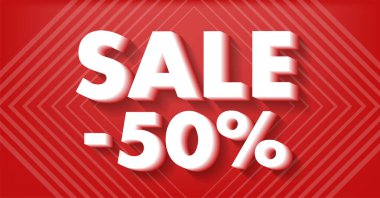 Beyaz 3D numaralı reklam afişi. Kırmızı arka planda eşkenar dörtgen desenli eksi elli satış.