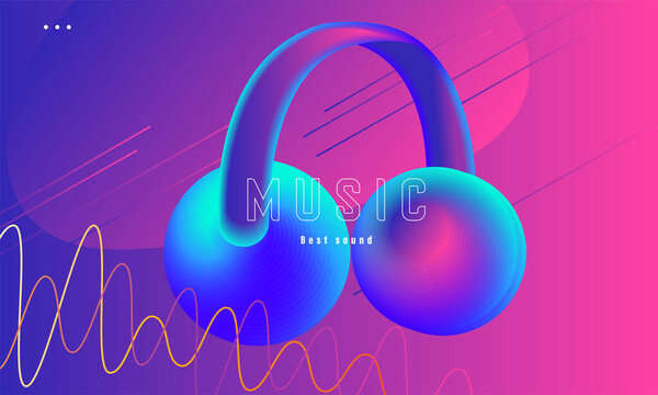 Music party or festival poster with fluorescent headphones stylized illustration in pink and blue gradient neon colors — Stock Illustration Music party or festival poster with fluorescent headphones stylized illustration in pink and blue gradient neon colors — Stock Vector