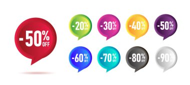 Parlak renkli satış etiketleri, yüzde indirimli 3d grafik elemanı, izole edilmiş