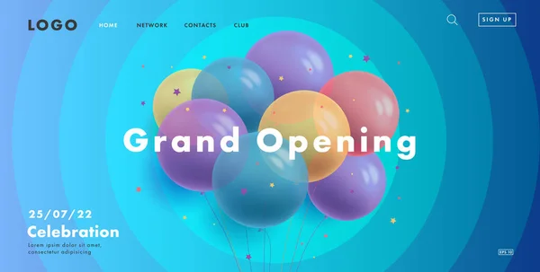 Mavi zemin üzerinde yuvarlak şeffaf hava balonları ile büyük açılış web afişi, arayüz elementleri ile modern stil iniş sayfası tasarımı