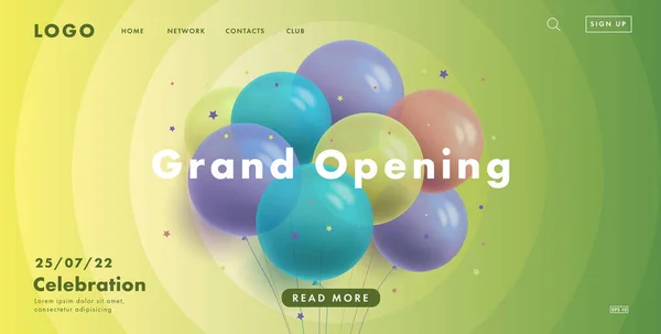 Grand Opening Web Banner Bunch Transparent Air Balloons Green Fresh — Stock Vector