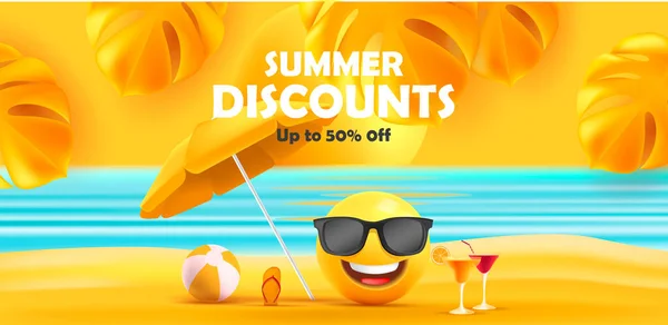 Sommerschlussverkauf Poster Mit Lächeln Sonnenbrille Unter Sonnenschirm Mit Tropischen Blättern — Stockvektor