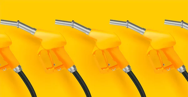 Cenário de cartaz de banner vetorial para posto de gasolina com ilustração 3D do bico de combustível no estilo de cor mono amarelo —  Vetores de Stock