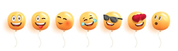 Ensemble de ballons ronds jaunes avec des expressions de visage riantes et souriantes, personnages de bande dessinée graphique 3D — Image vectorielle