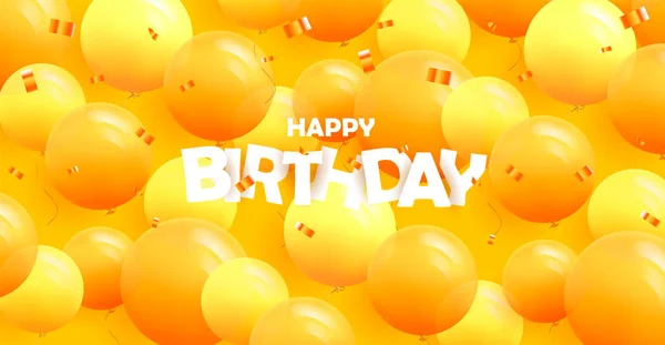Feliz aniversário saudação banner com balões modernos 3d redondo amarelo criando textura macia no fundo amarelo com confete —  Vetores de Stock