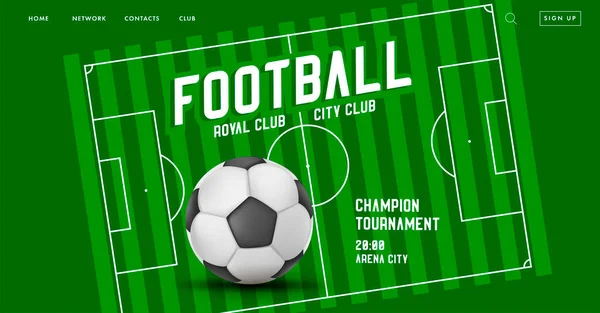 Banner web con ilustración de pelota de fútbol o fútbol y campo de juego verde estilizado con bases y esquema en líneas blancas, página de aterrizaje promo — Archivo Imágenes Vectoriales