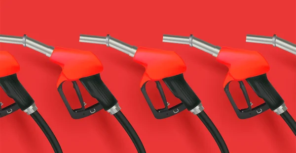 Ilustração realista de arma de abastecimento ou bocal de gás, 3d vermelho e preto com ponta de metal no fundo vermelho, posto de gasolina poster fundo —  Vetores de Stock