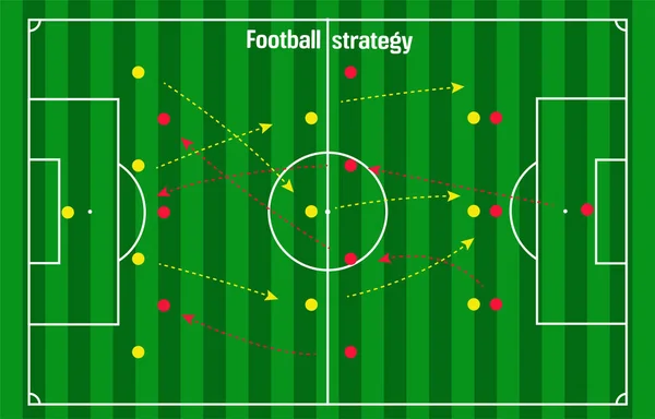 Esquema de estrategia futbolística o futbolística, alfileres rojos y amarillos con flechas sobre el fondo verde del estadio con líneas blancas de juego — Archivo Imágenes Vectoriales