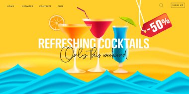 Plaj barının tanıtım sayfası için yaz indirimi web afişi, indirimli kokteyl indirimi, 3 boyutlu gerçekçi illüstrasyon