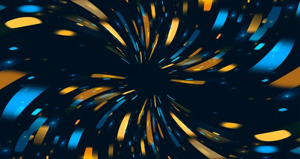 Wazig Defocused Lights bewegen naar het midden van het scherm, blauw en goudgeel neon deeltjes meshed in beweging — Stockvector