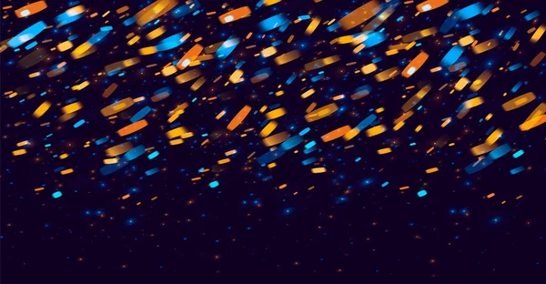 Abstrakter Hintergrund mit hellen Neonlichtern, die wie Regen von oben fallen, verschwommene Partikel, die eine Textur bilden — Stockvektor