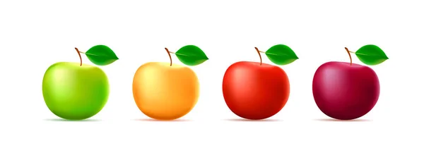 葉を持つ4つの異なる色のリンゴの3Dイラストのセット 分離されたグラフィック要素 — ストックベクタ