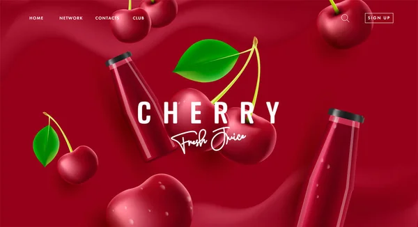 Cherry Juice Yogurt Promo Banner Advertising Landing Page Berries Illustration — Stock Vector