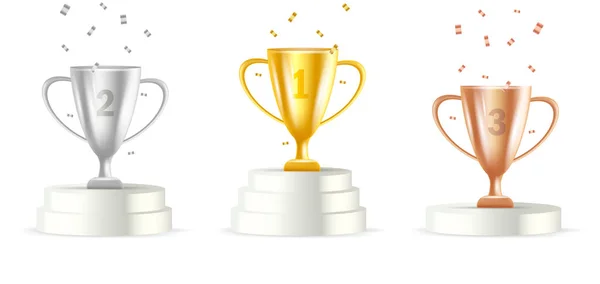 Ganadores podio con copas de oro, plata y bronce 3d ilustración con confeti, primer segundo y tercer lugar del tornamento — Archivo Imágenes Vectoriales