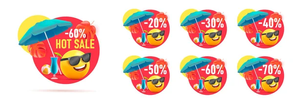 Комплект скидок на летнюю продажу ценников, формы кругов с трехмерной иллюстрацией смайлик с зонтиком и коктейлями на тропическом пляже в солнцезащитных очках, со скидкой в процентах — стоковый вектор