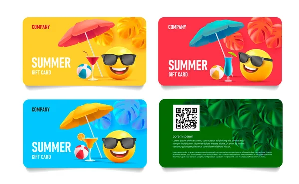 Letni zestaw kart sprzedaży z uśmiechem 3d w okularach przeciwsłonecznych pod parasolem z tropikalnymi liśćmi i koktajlami oraz siatkówka plażowa, szablon układu z przodu i z tyłu — Wektor stockowy