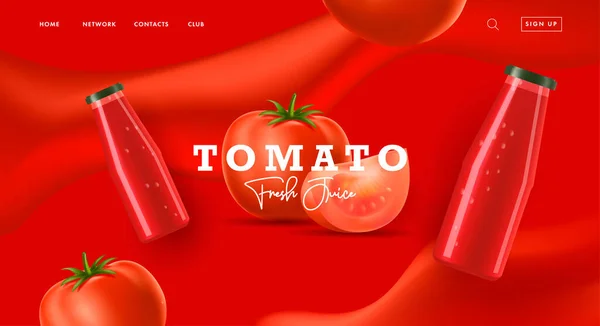トマトソースやジュースのためのウェブバナーは、トマトの3Dイラストと赤い波の背景にガラス瓶でスライス — ストックベクタ